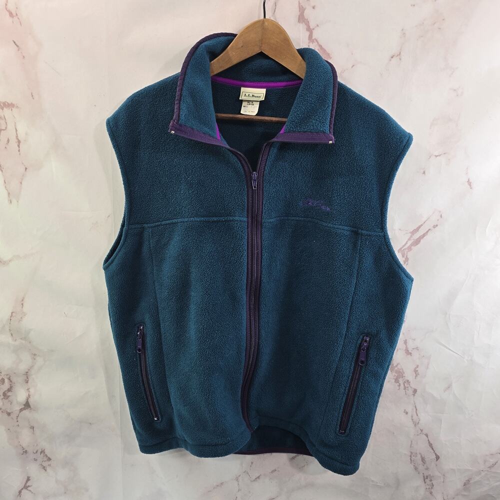 LL Bean Vest Mens Large Blue Purple Vintage Zip Fleece Jacket 90s Teal